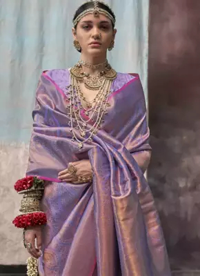 Light Lavender Silk Blend Saree with Golden Zari Weaving For Women 2