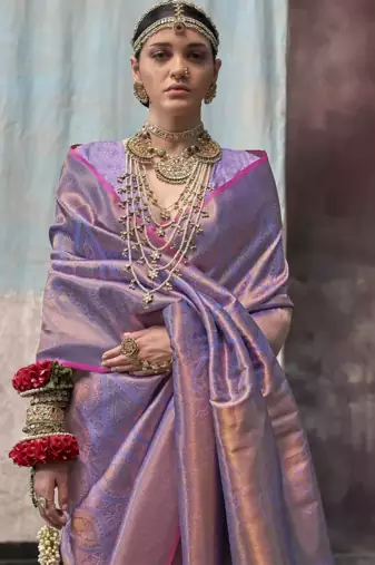 Light Lavender Silk Blend Saree with Golden Zari Weaving For Women