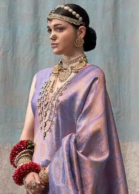 Light Lavender Silk Blend Saree with Golden Zari Weaving For Women 3