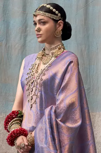 Light Lavender Silk Blend Saree with Golden Zari Weaving For Women