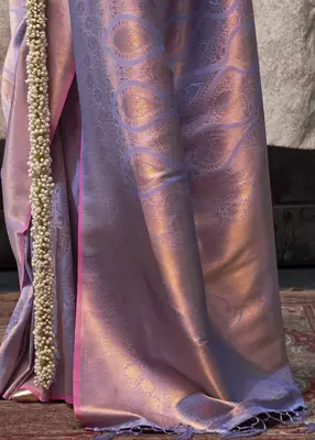 Light Lavender Silk Blend Saree with Golden Zari Weaving For Women 4