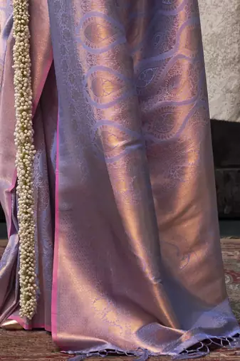 Light Lavender Silk Blend Saree with Golden Zari Weaving For Women