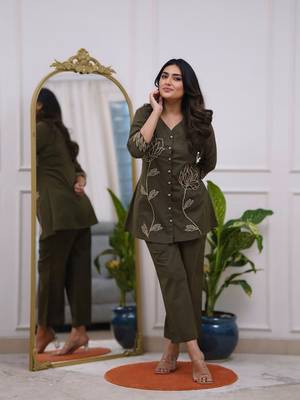 Olive green Rayon embroidery short kurti with pant 1