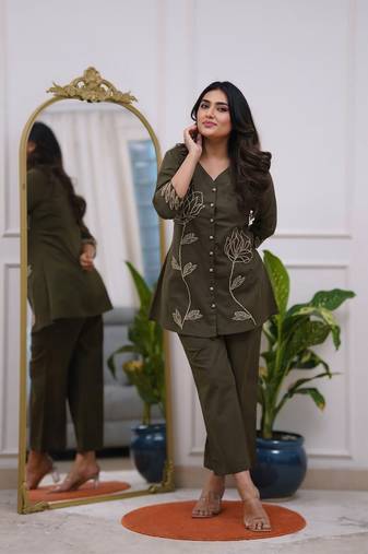 Olive green Rayon embroidery short kurti with pant
