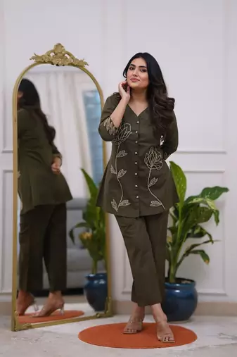 Olive green Rayon embroidery short kurti with pant