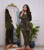 Olive green Rayon embroidery short kurti with pant