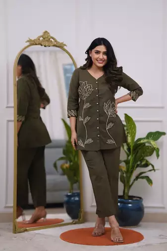 Olive green Rayon embroidery short kurti with pant
