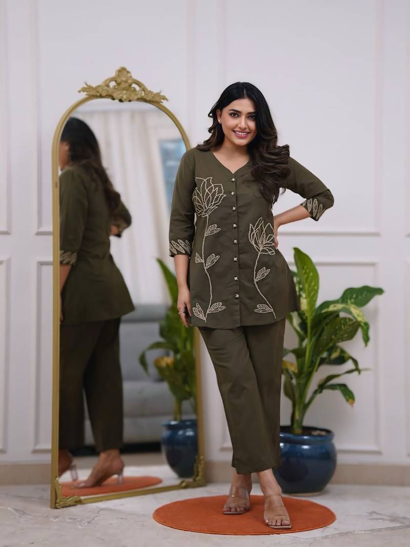 Olive green Rayon embroidery short kurti with pant