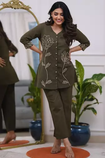 Olive green Rayon embroidery short kurti with pant