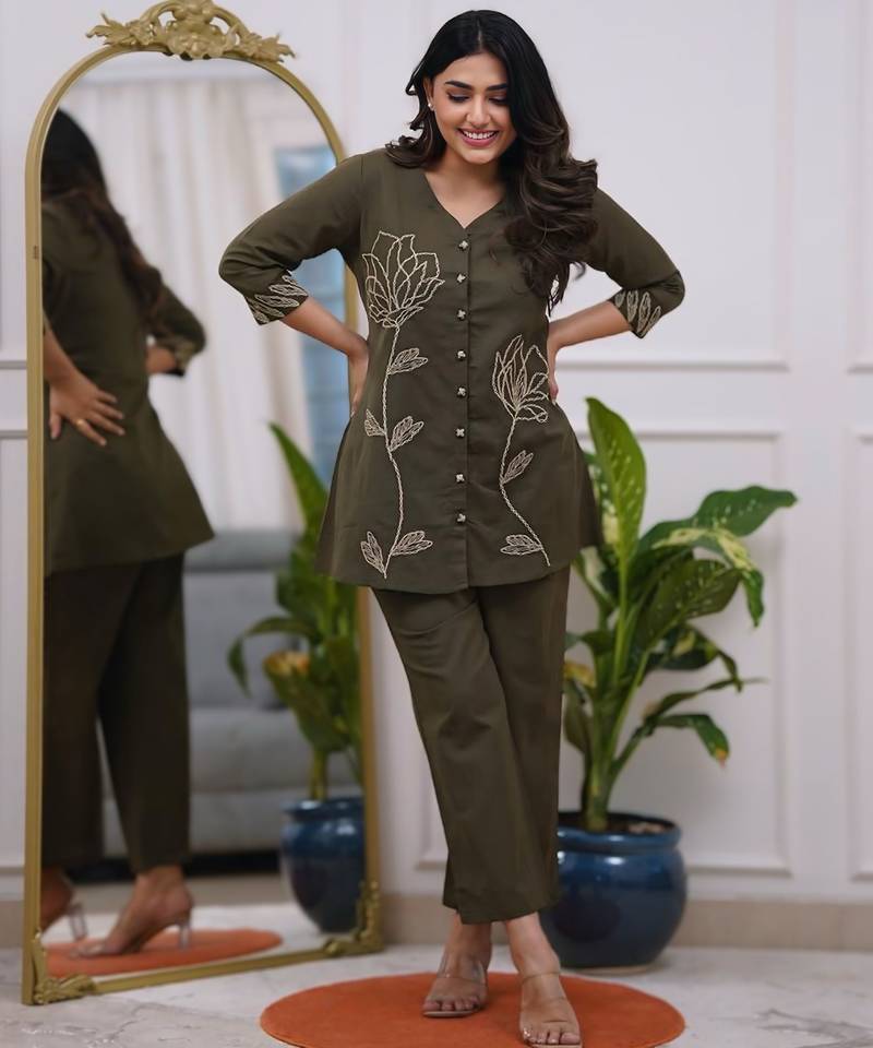 Olive green Rayon embroidery short kurti with pant
