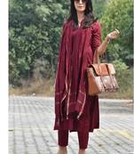 Maroon Cotton solid kurti with pant and dupatta set