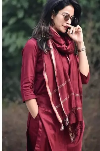 Maroon Cotton solid kurti with pant and dupatta set