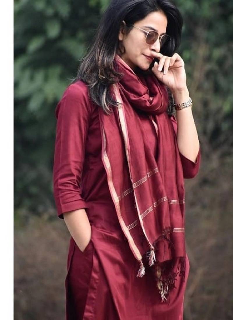 Maroon Cotton solid kurti with pant and dupatta set