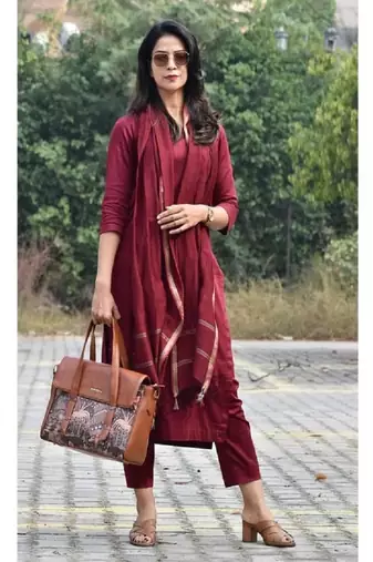 Maroon Cotton solid kurti with pant and dupatta set