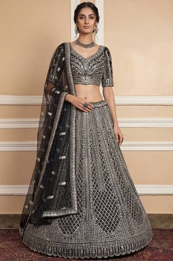 black sequins embroidered net lehenga set choli with dupatta