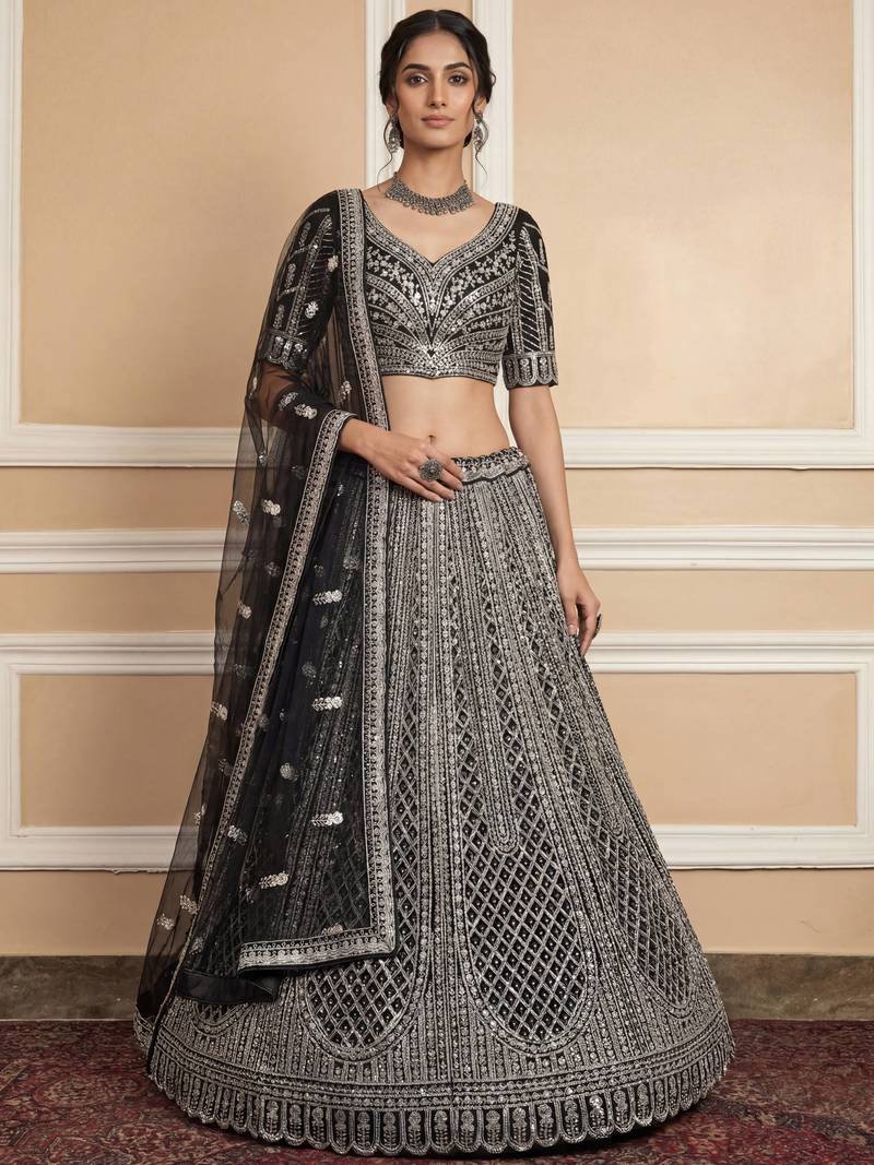 black sequins embroidered net lehenga set choli with dupatta