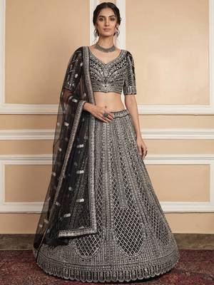 black sequins embroidered net lehenga set choli with dupatta 1