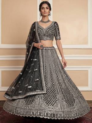 black sequins embroidered net lehenga set choli with dupatta 2