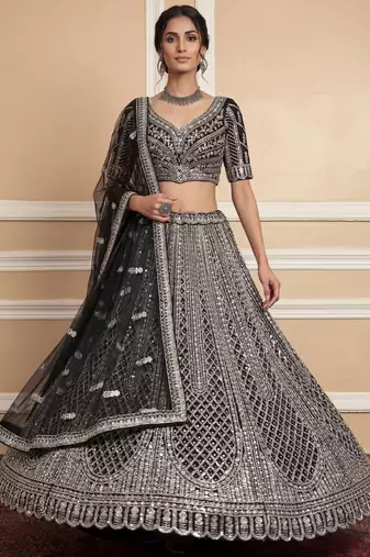 black sequins embroidered net lehenga set choli with dupatta
