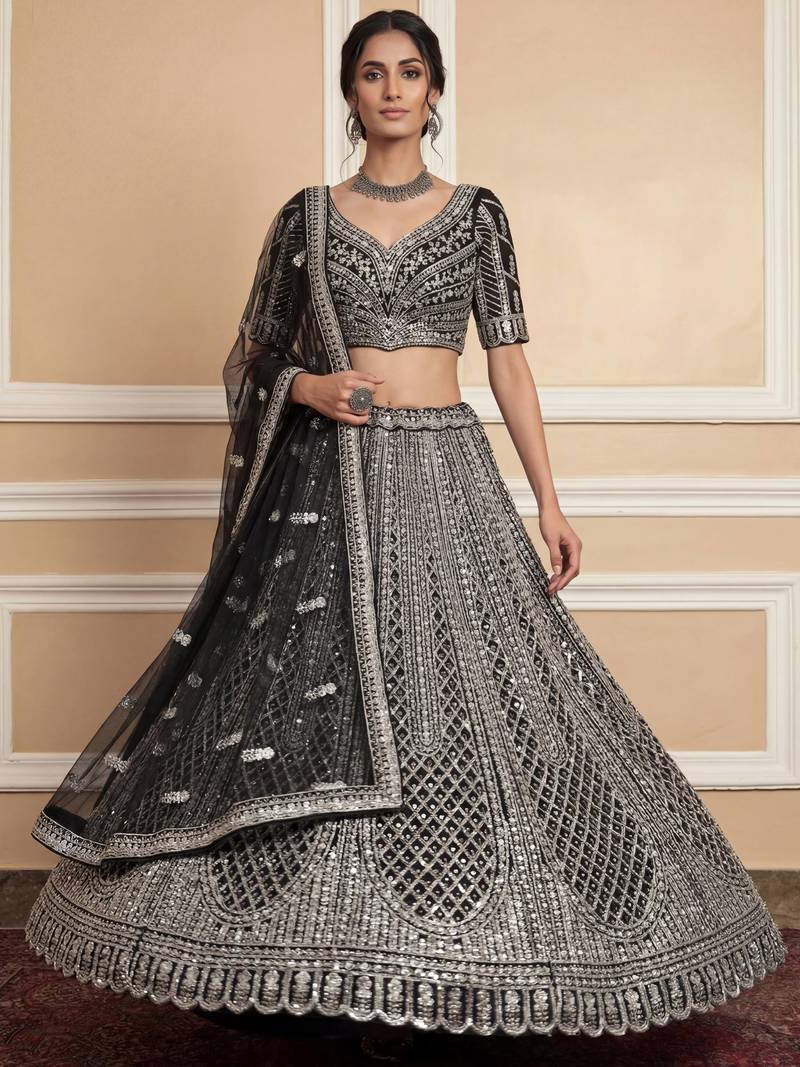 black sequins embroidered net lehenga set choli with dupatta