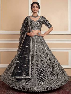 black sequins embroidered net lehenga set choli with dupatta 3