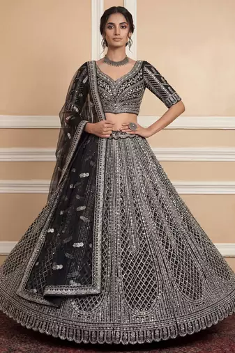black sequins embroidered net lehenga set choli with dupatta