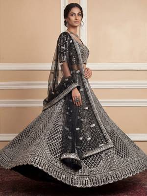 black sequins embroidered net lehenga set choli with dupatta 4