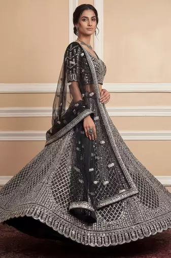 black sequins embroidered net lehenga set choli with dupatta