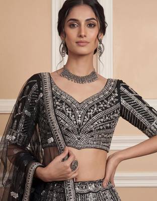 black sequins embroidered net lehenga set choli with dupatta 5