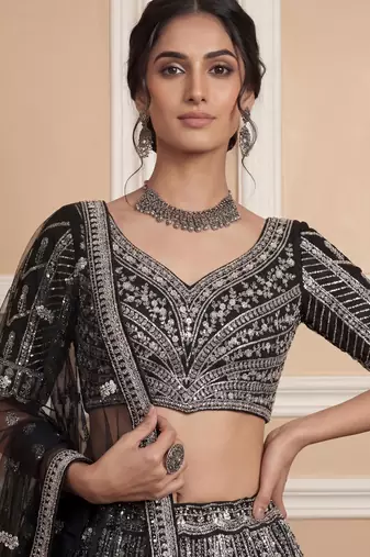 black sequins embroidered net lehenga set choli with dupatta