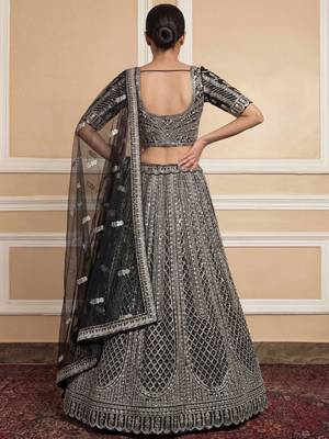 black sequins embroidered net lehenga set choli with dupatta 6