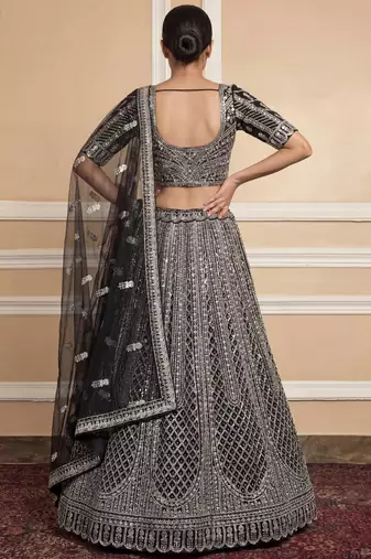 black sequins embroidered net lehenga set choli with dupatta