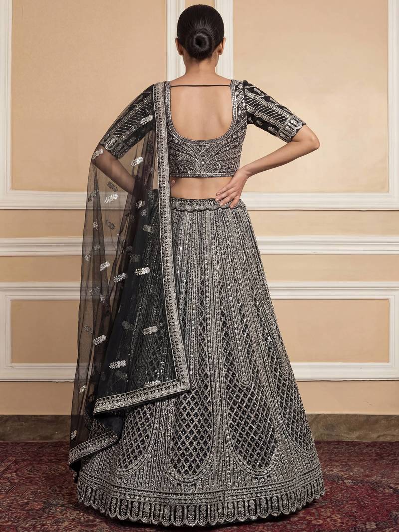 black sequins embroidered net lehenga set choli with dupatta