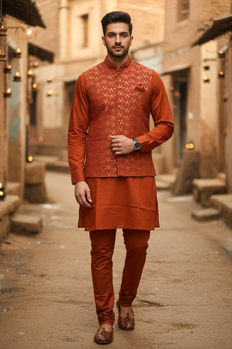Orange zari sequence embroidery work for men's kurta