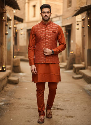 Orange zari sequence embroidery work for men's kurta 2