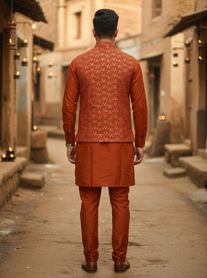 Orange zari sequence embroidery work for men's kurta 3