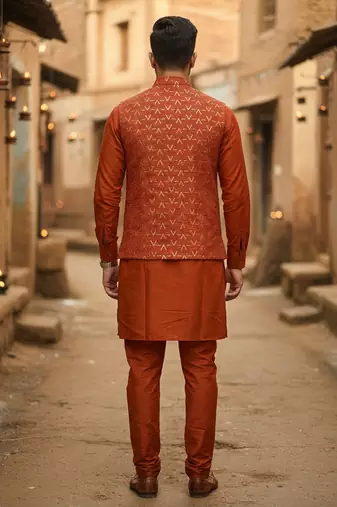 Orange zari sequence embroidery work for men's kurta