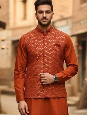 Orange zari sequence embroidery work for men's kurta 4