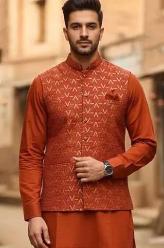 Orange zari sequence embroidery work for men's kurta