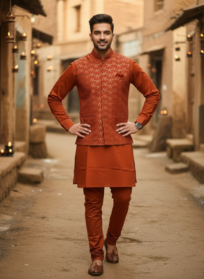 Orange zari sequence embroidery work for men's kurta 5