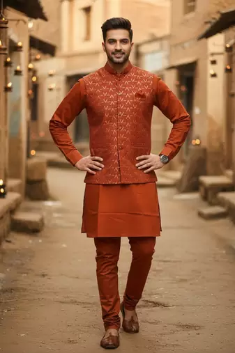 Orange zari sequence embroidery work for men's kurta
