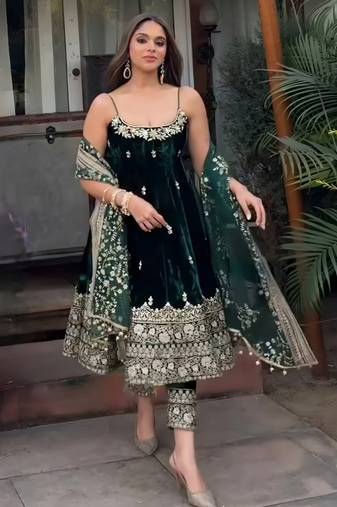 Green vichitra silk embroidery party wear suit set