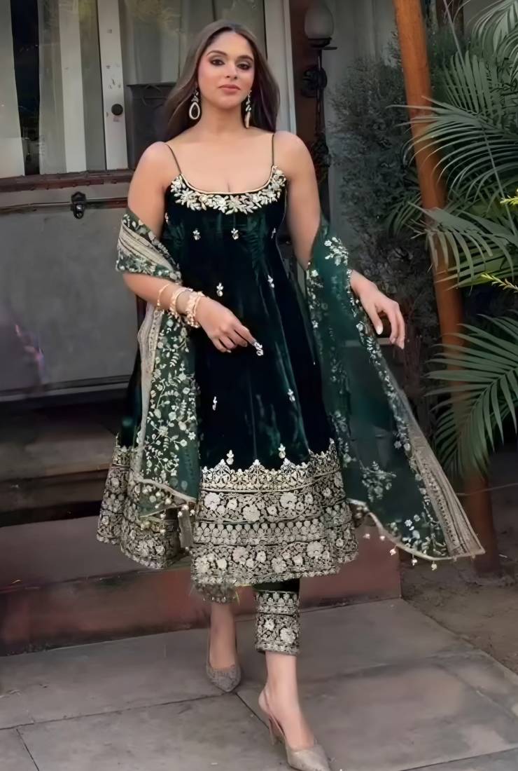 Green vichitra silk embroidery party wear suit set