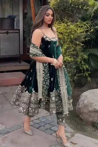 Green vichitra silk embroidery party wear suit set