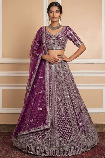 wine sequins embroidered net lehenga set choli with dupatta