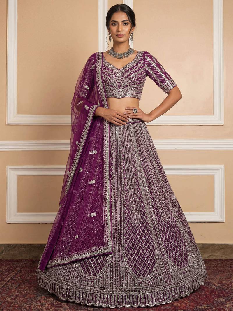wine sequins embroidered net lehenga set choli with dupatta