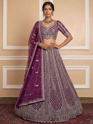 wine sequins embroidered net lehenga set choli with dupatta 2