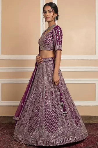 wine sequins embroidered net lehenga set choli with dupatta
