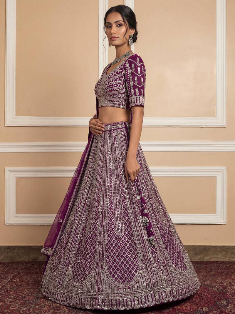 wine sequins embroidered net lehenga set choli with dupatta