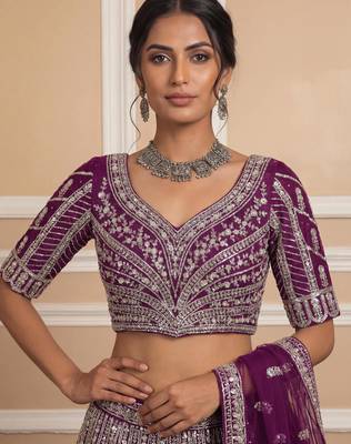 wine sequins embroidered net lehenga set choli with dupatta 4